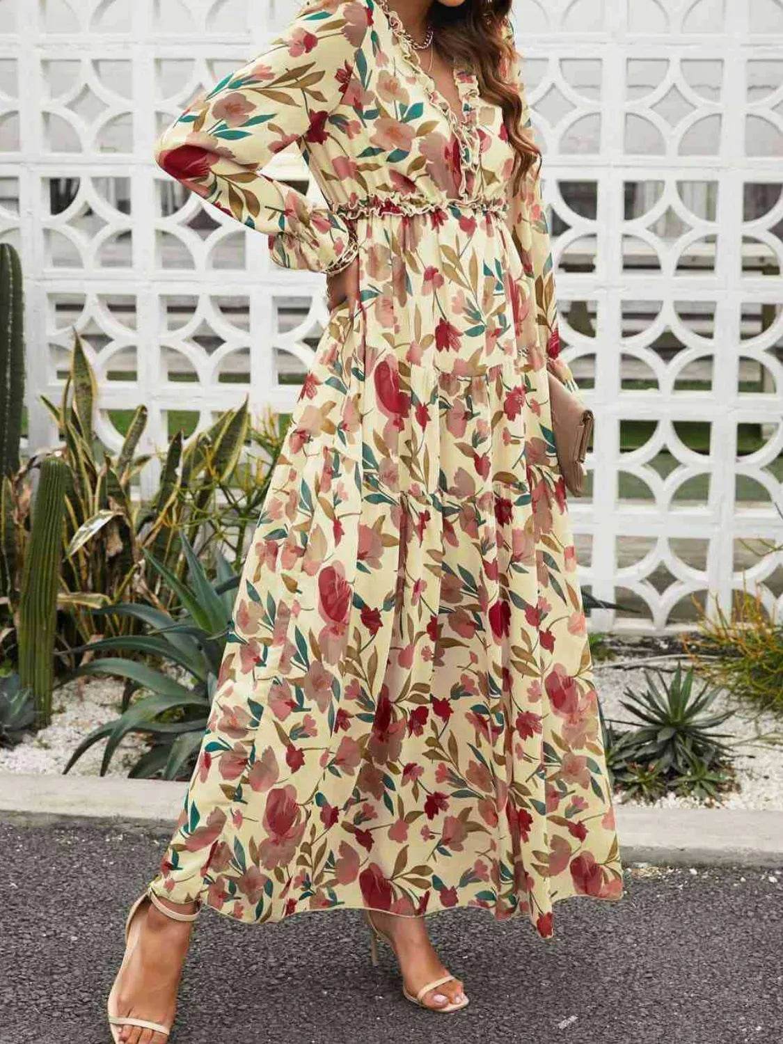 Floral Frill Flounce Sleeve Maxi Dress - MARIGOLD