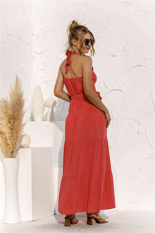 Halter Neck Tie Waist Tiered Maxi Dress - MARIGOLD