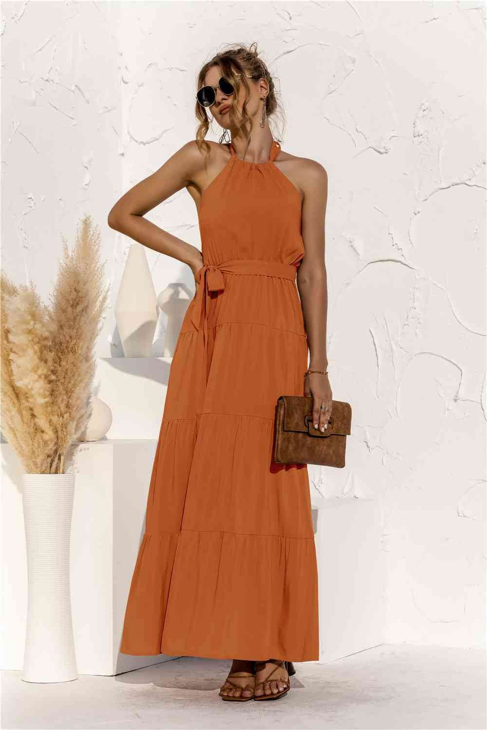 Halter Neck Tie Waist Tiered Maxi Dress - MARIGOLD