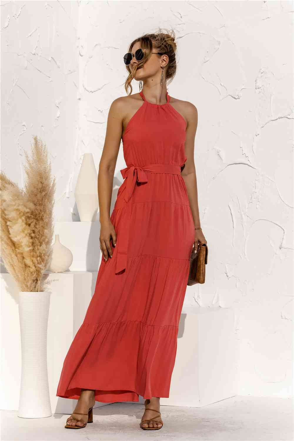 Halter Neck Tie Waist Tiered Maxi Dress - MARIGOLD