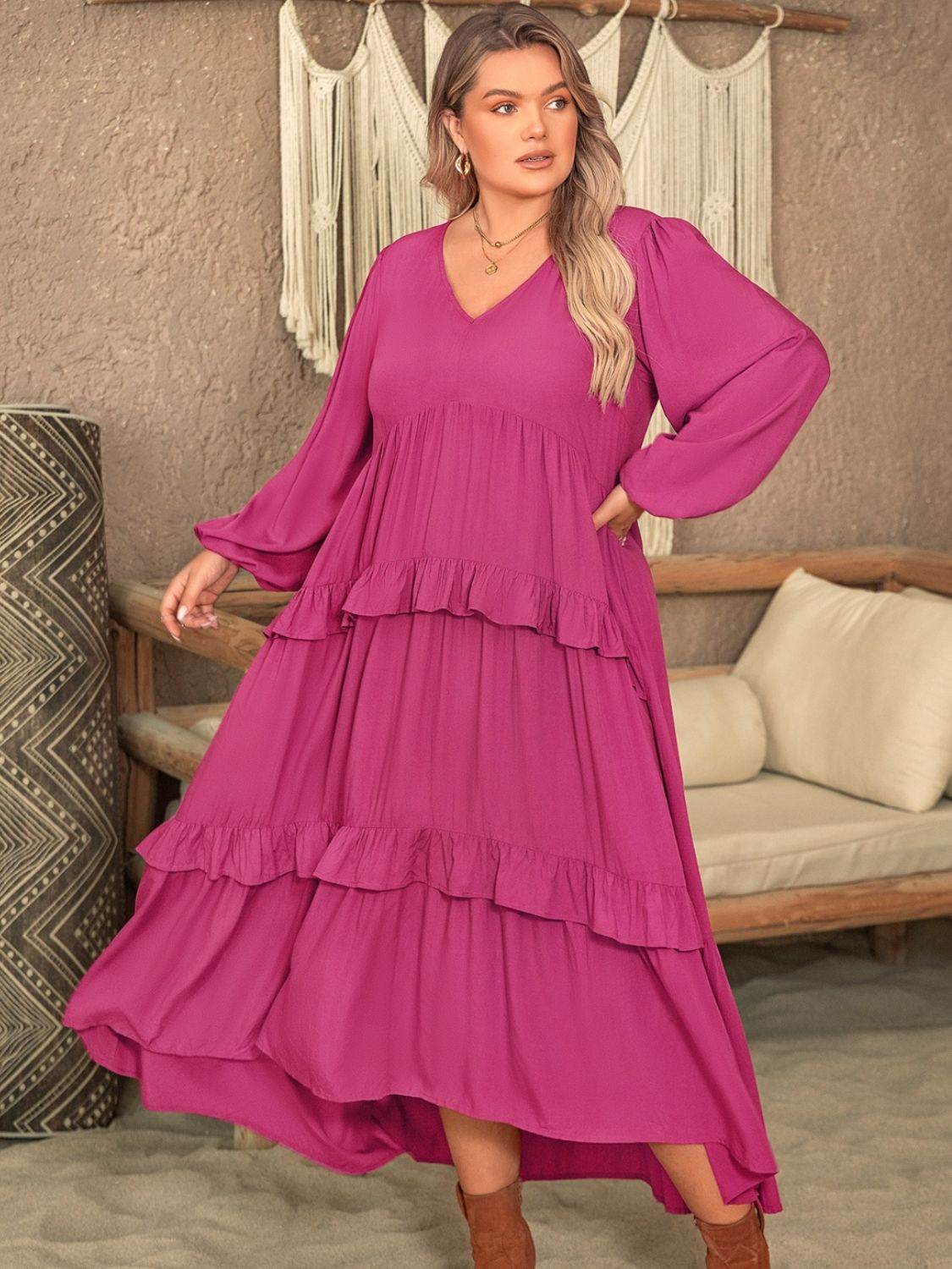 Plus Size Ruffled V-Neck Long Sleeve Dress - MARIGOLD