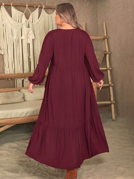 Plus Size Ruffled V-Neck Long Sleeve Dress - MARIGOLD