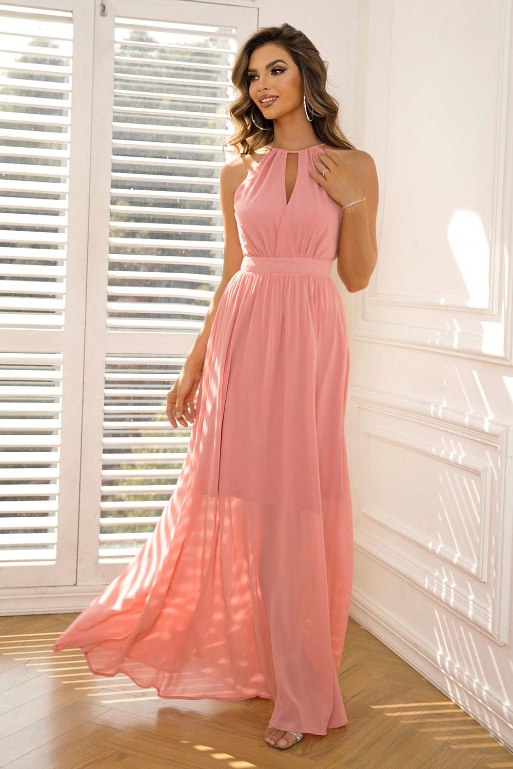 Coral Pink Tie-Waist Halter Neck Maxi Dress - MARIGOLD
