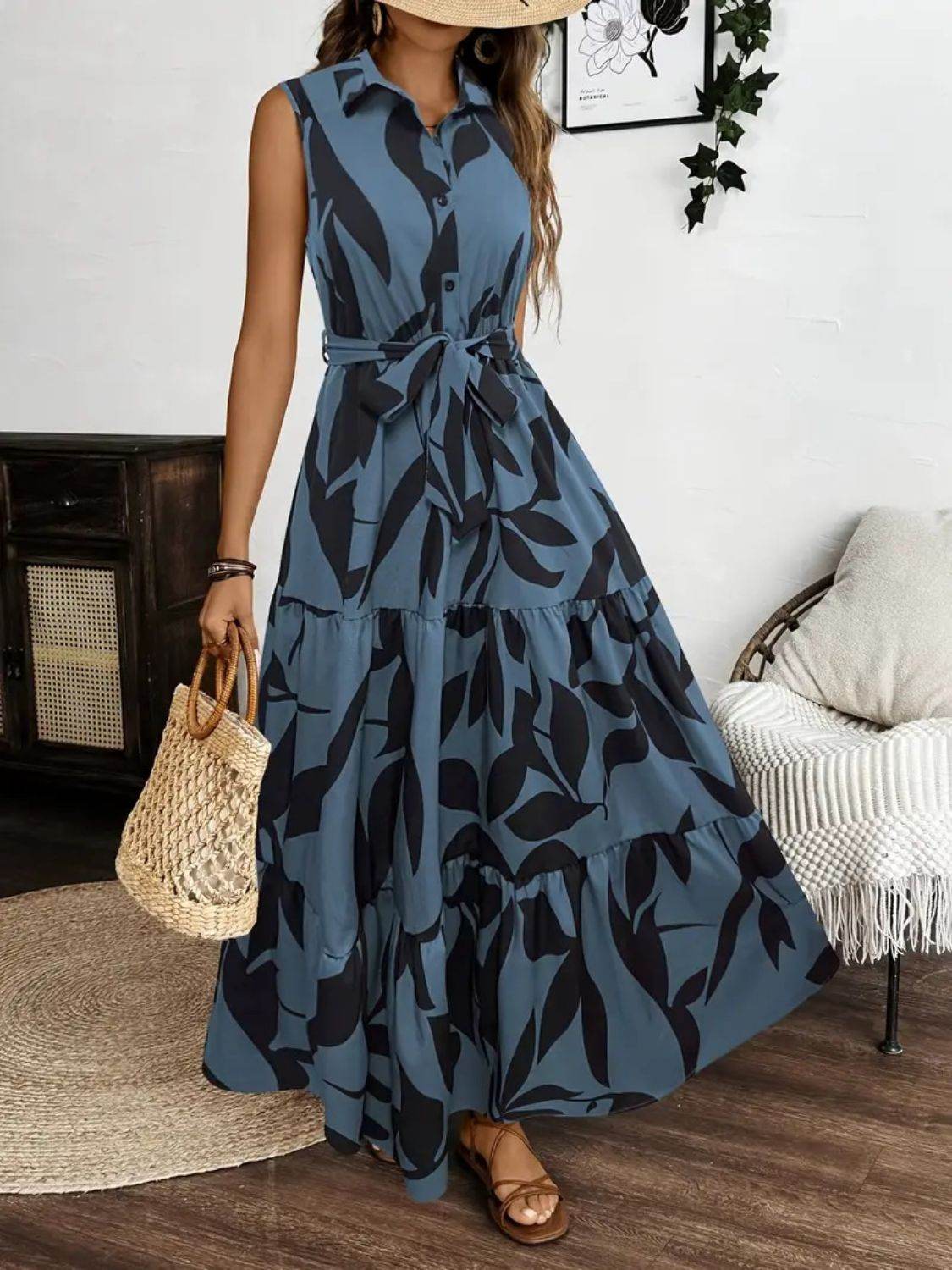 Collared Buttoned Tie Waist Maxi Dress - MARIGOLD