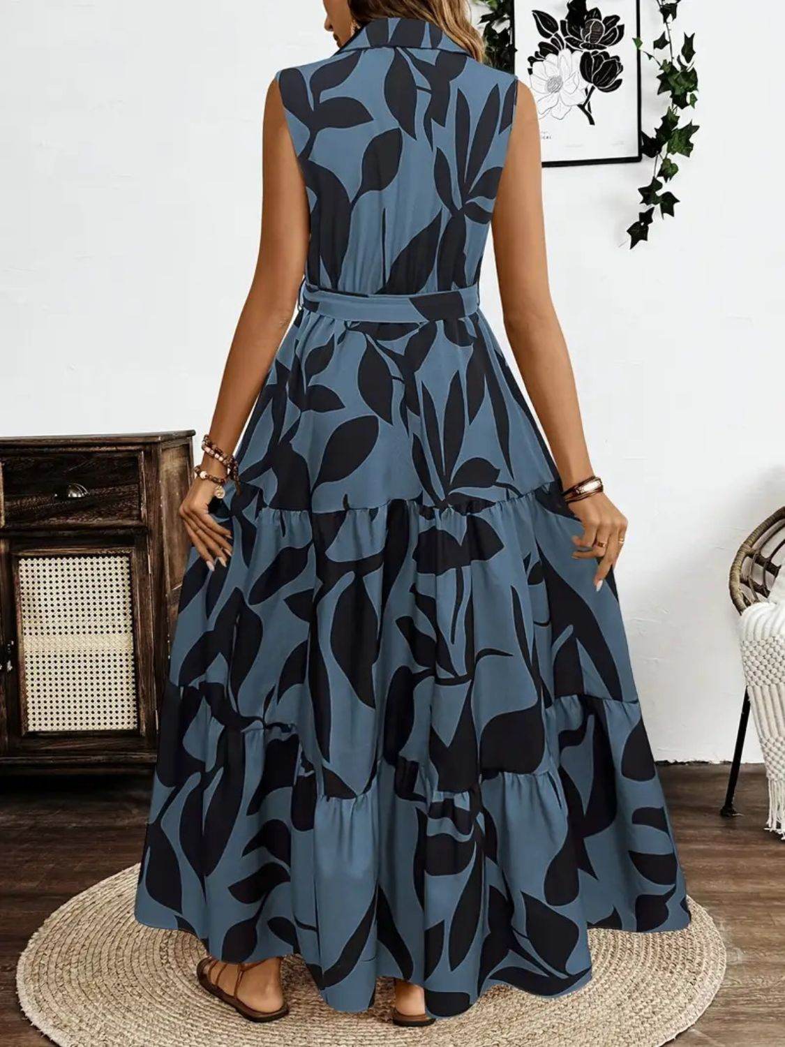 Collared Buttoned Tie Waist Maxi Dress - MARIGOLD