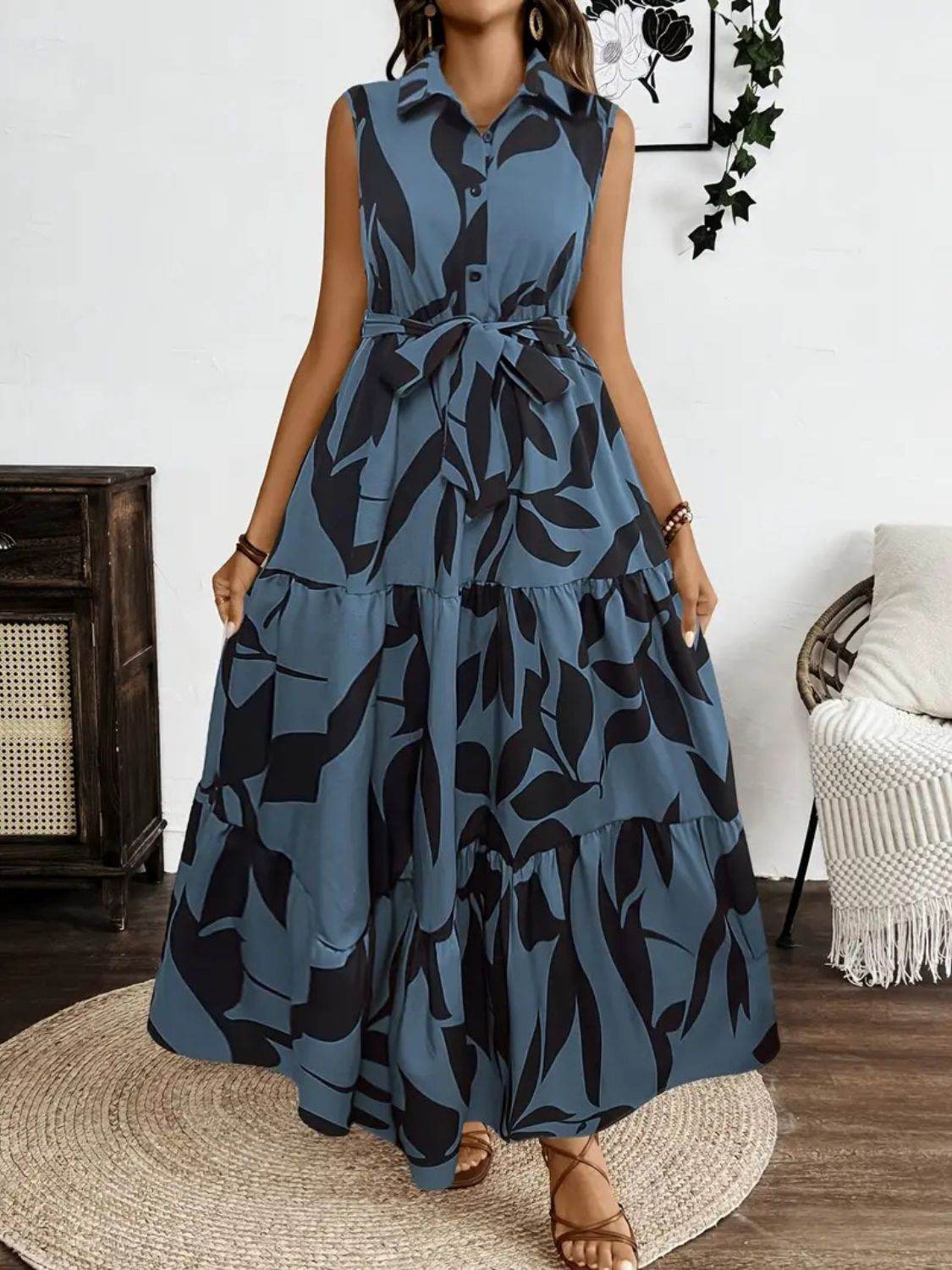 Collared Buttoned Tie Waist Maxi Dress - MARIGOLD