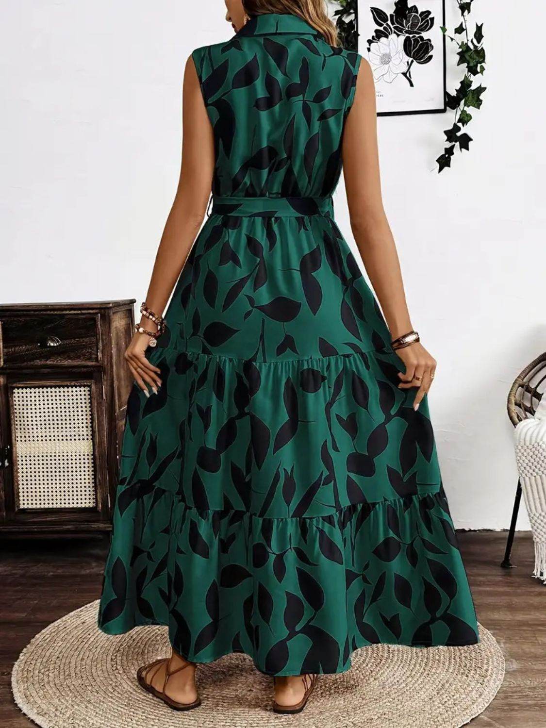 Collared Buttoned Tie Waist Maxi Dress - MARIGOLD