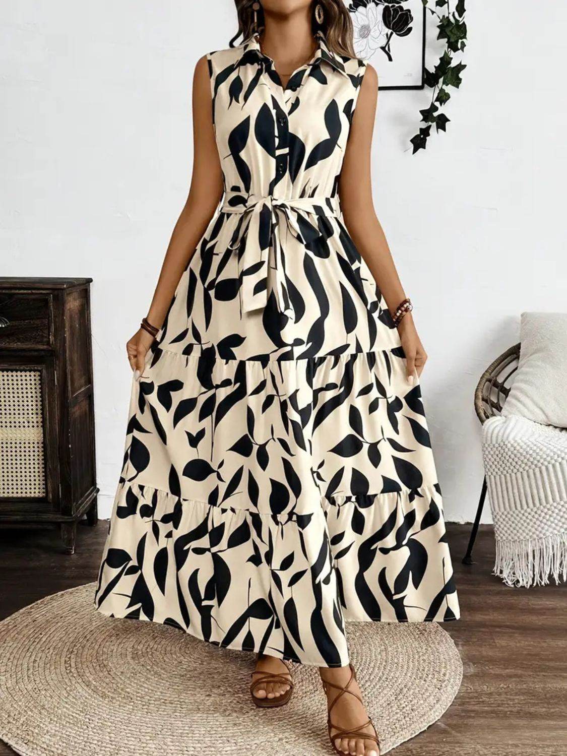 Collared Buttoned Tie Waist Maxi Dress - MARIGOLD