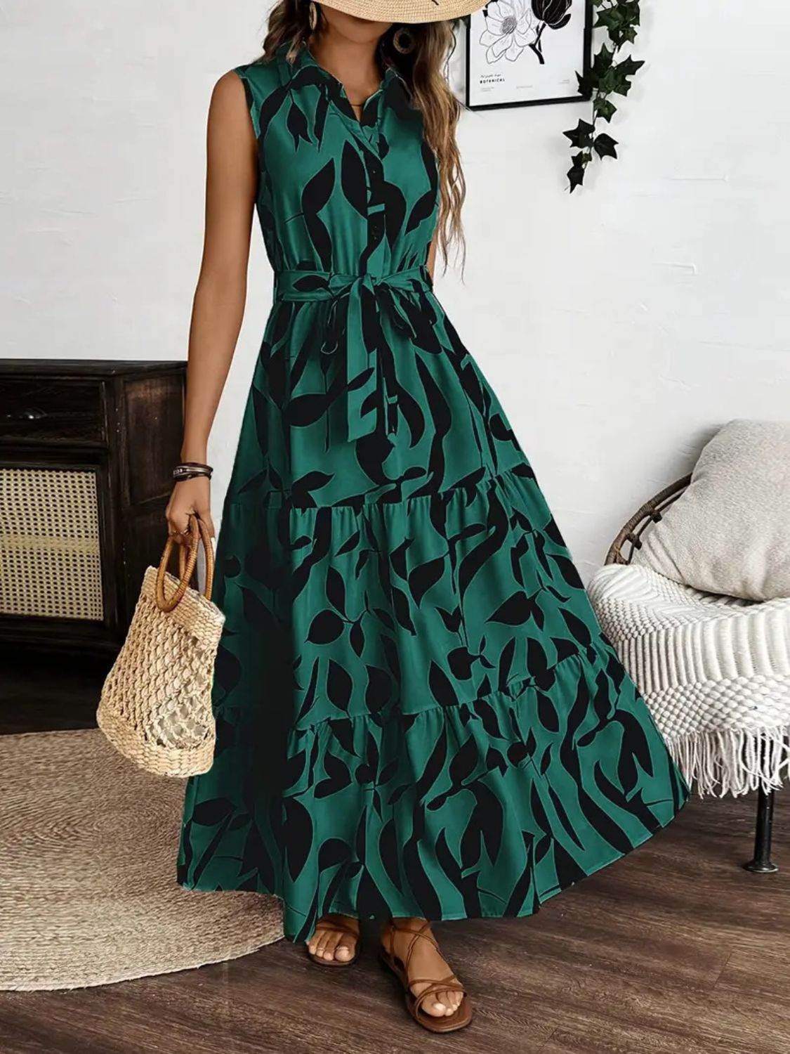 Collared Buttoned Tie Waist Maxi Dress - MARIGOLD