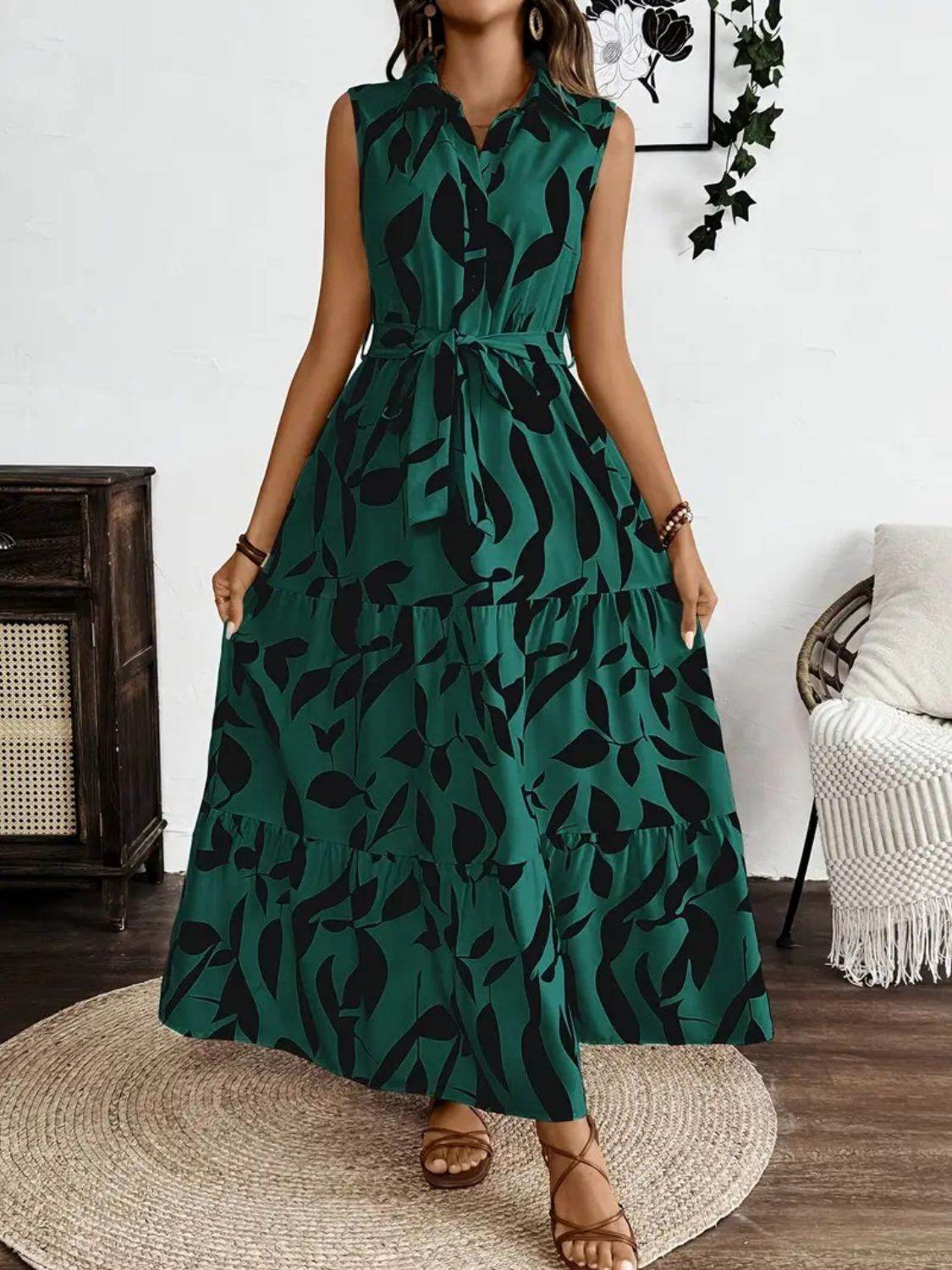 Collared Buttoned Tie Waist Maxi Dress - MARIGOLD