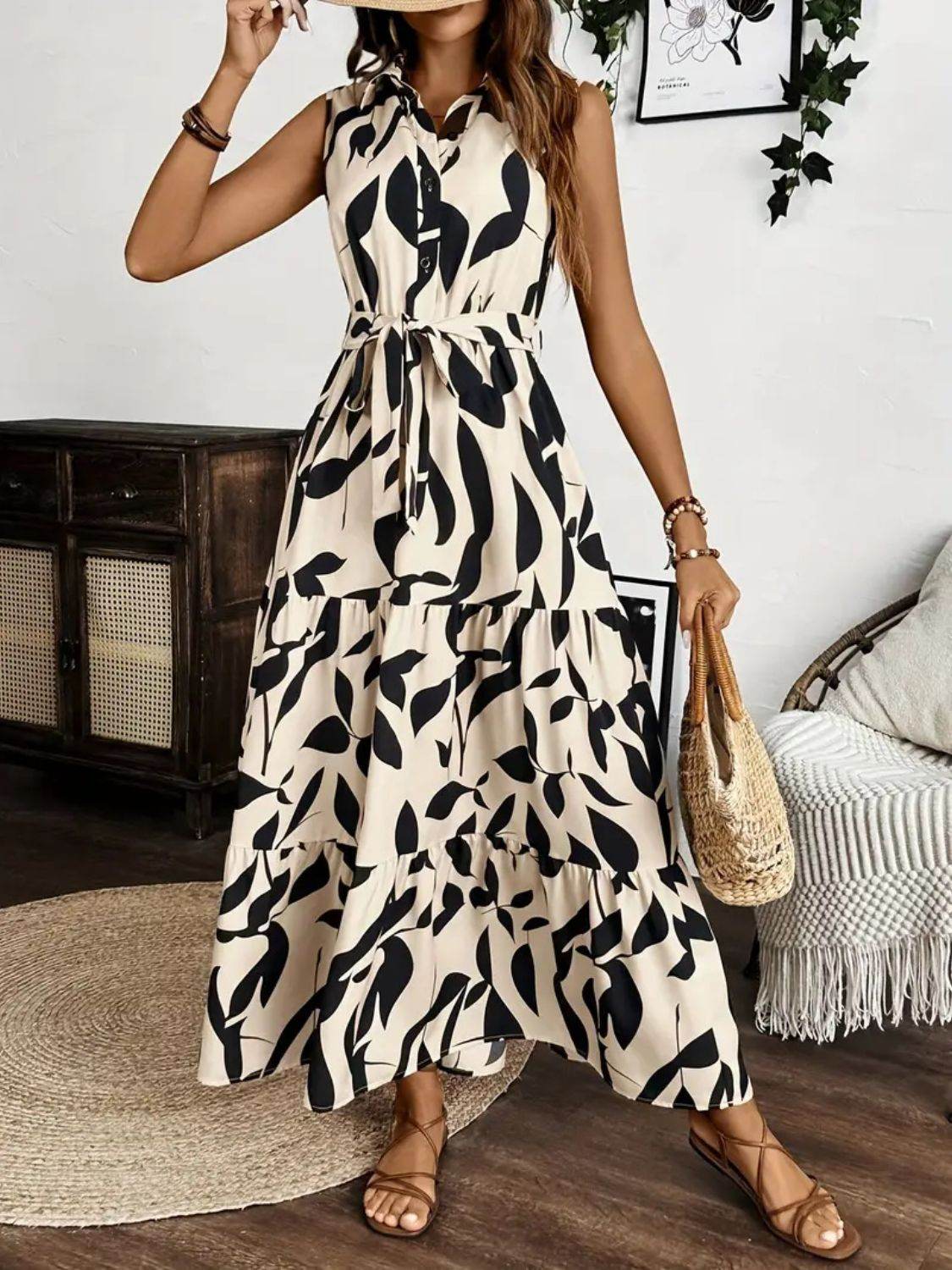 Collared Buttoned Tie Waist Maxi Dress - MARIGOLD