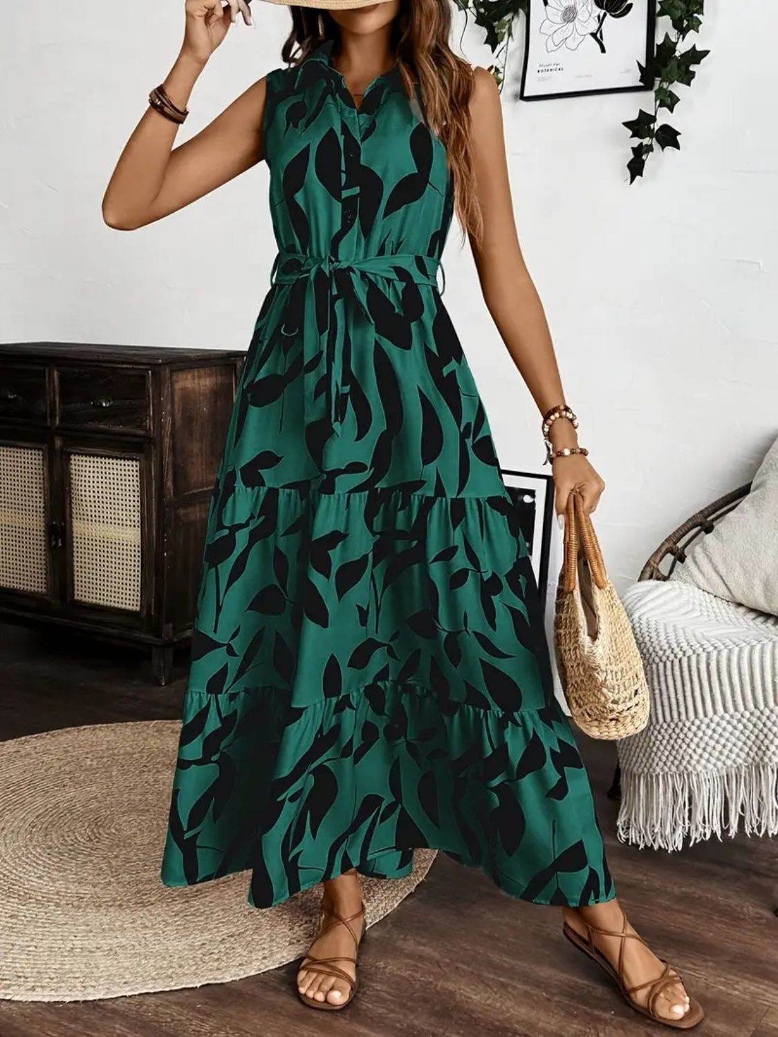 Collared Buttoned Tie Waist Maxi Dress - MARIGOLD