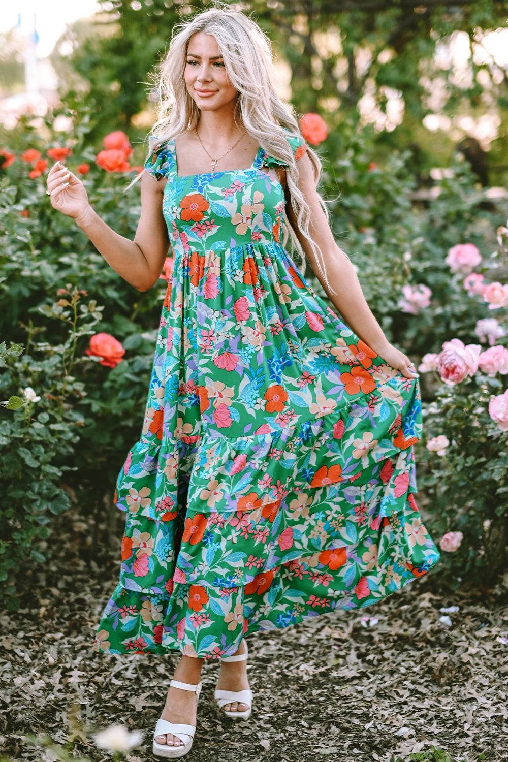 Dark Green Floral-Print Sleeveless Tiered Ruffled Maxi Dress - MARIGOLD
