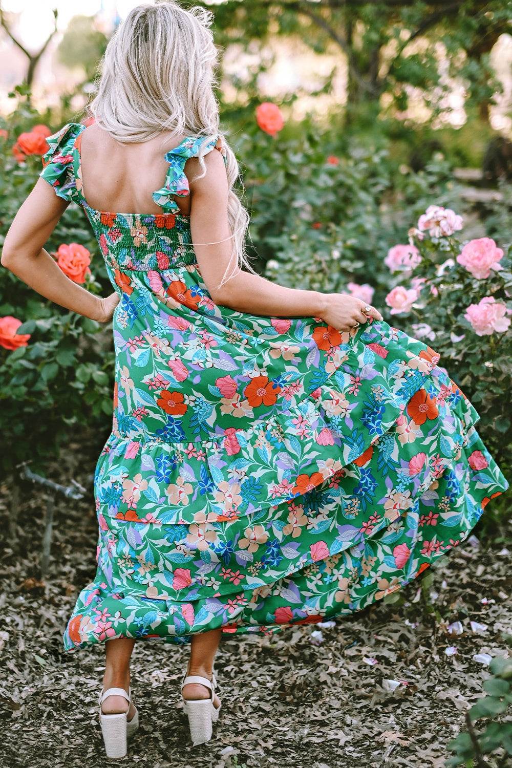 Dark Green Floral-Print Sleeveless Tiered Ruffled Maxi Dress - MARIGOLD