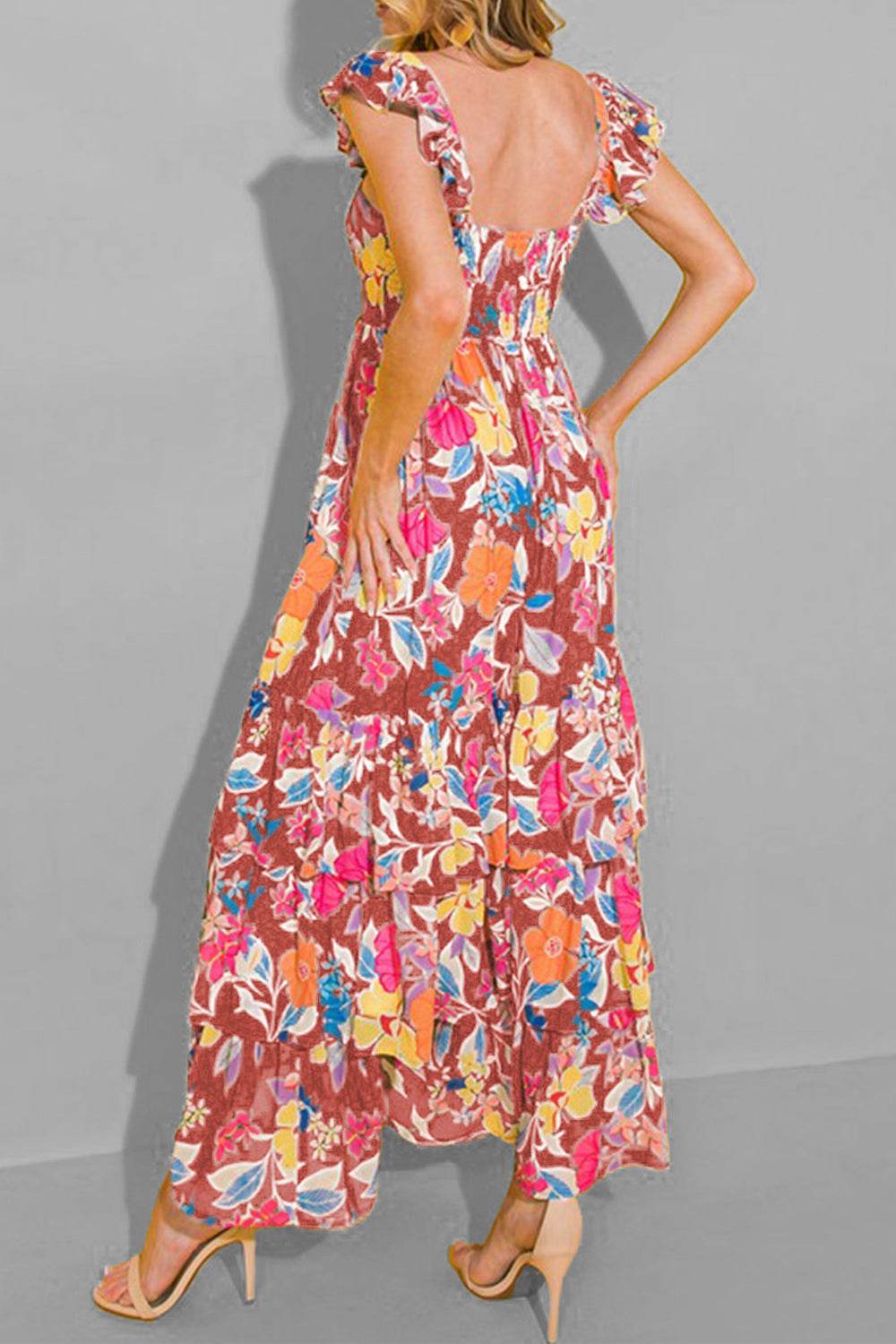 Dark Green Floral-Print Sleeveless Tiered Ruffled Maxi Dress - MARIGOLD