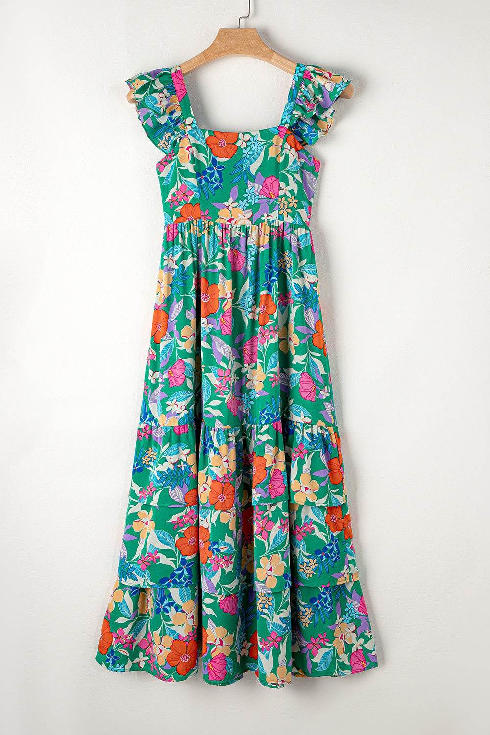 Dark Green Floral-Print Sleeveless Tiered Ruffled Maxi Dress - MARIGOLD