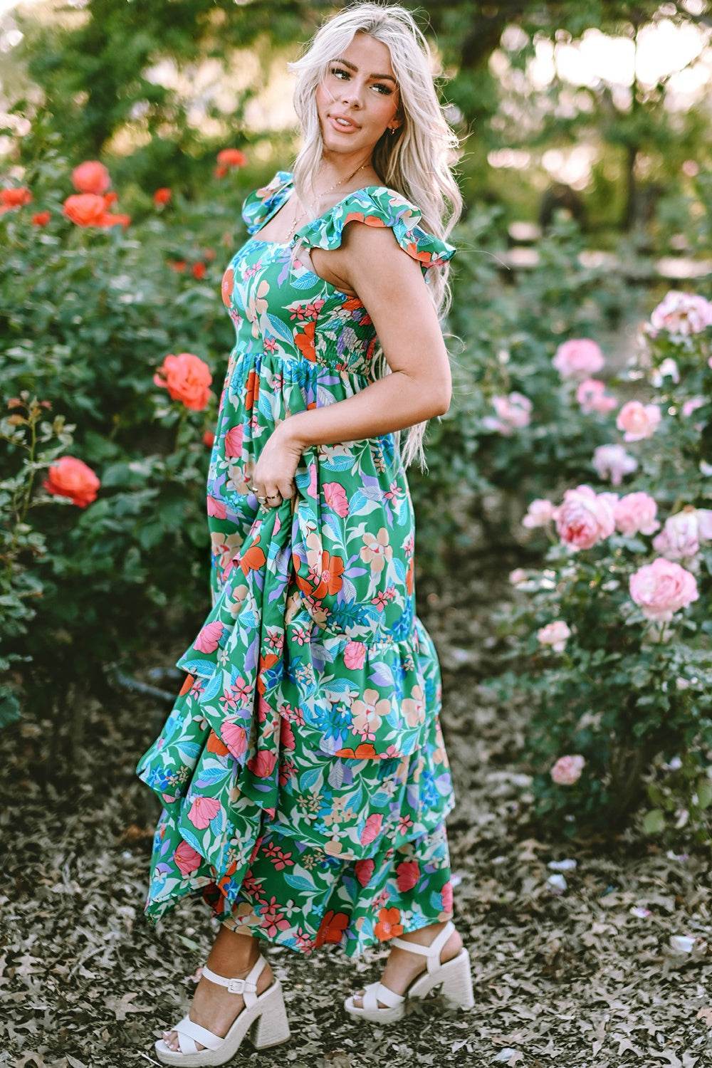 Dark Green Floral-Print Sleeveless Tiered Ruffled Maxi Dress - MARIGOLD