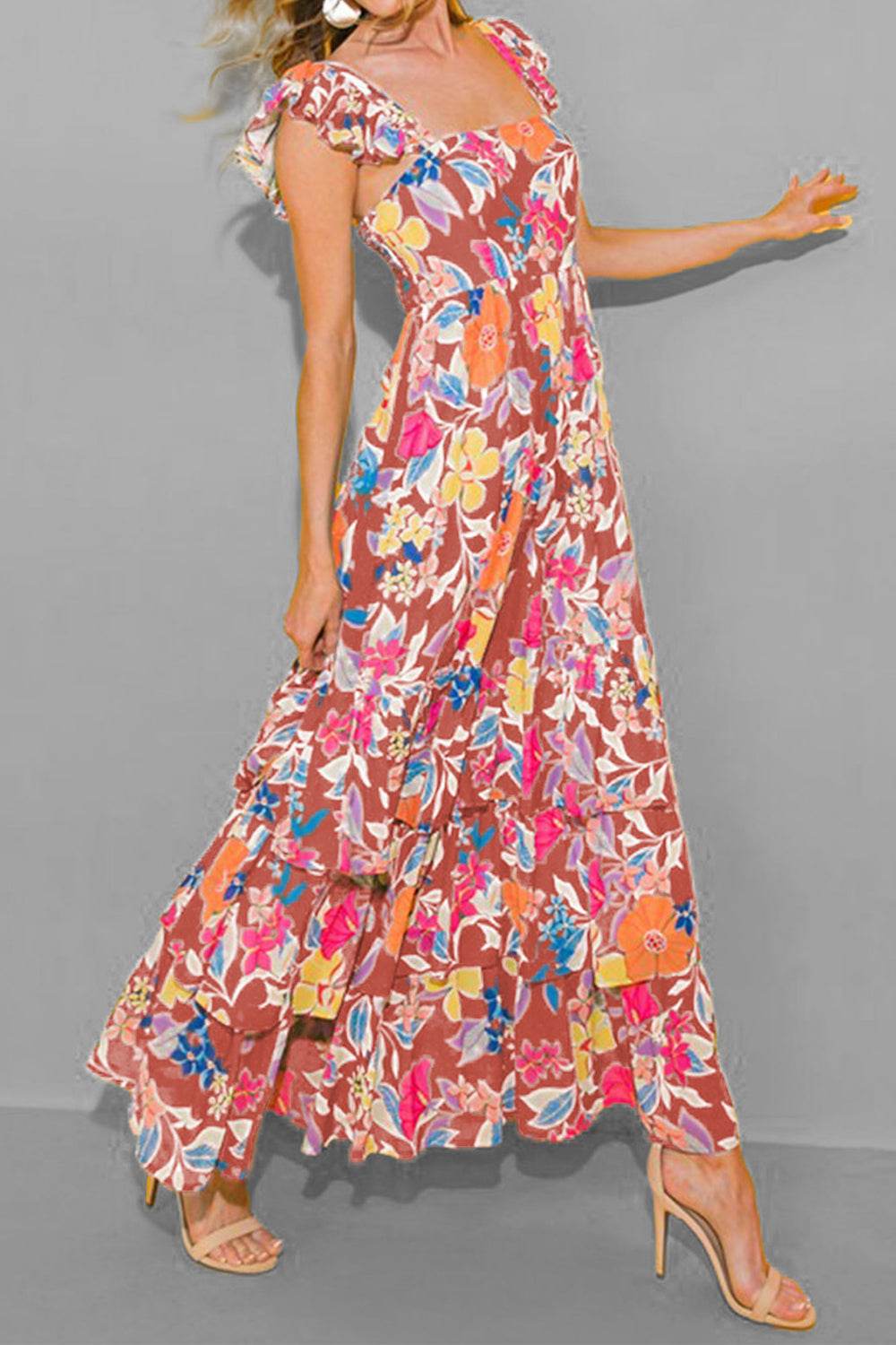 Dark Green Floral-Print Sleeveless Tiered Ruffled Maxi Dress - MARIGOLD
