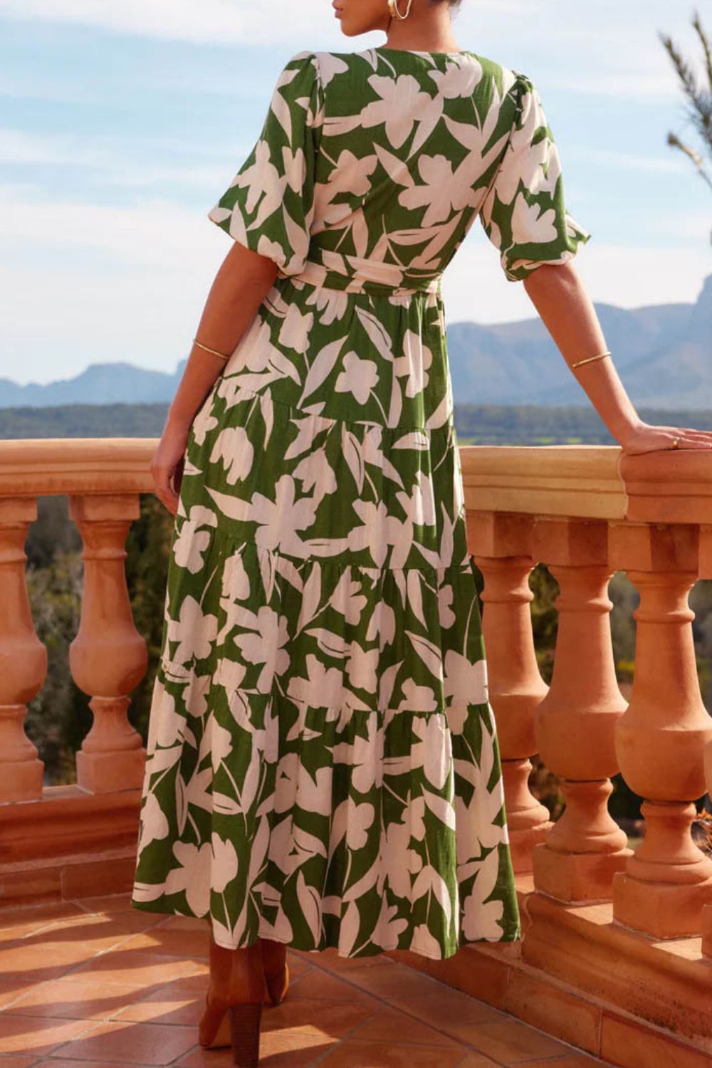 Surplice Tie-Waist Balloon Sleeve Split Maxi Dress - MARIGOLD