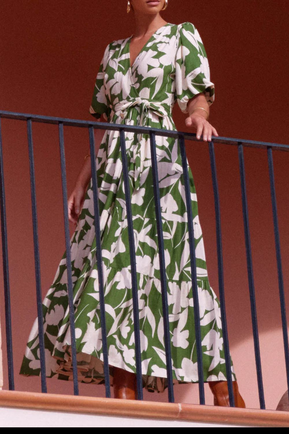 Surplice Tie-Waist Balloon Sleeve Split Maxi Dress - MARIGOLD