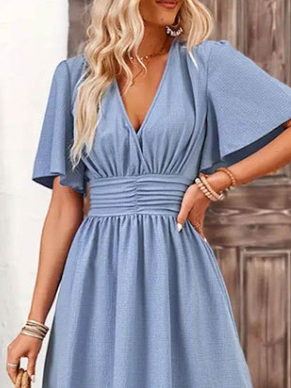 Side Slit Surplice Flutter Sleeve Midi Dress - MARIGOLD