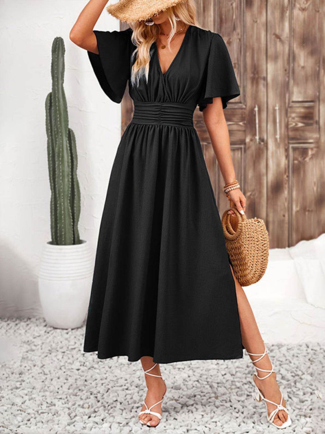 Side Slit Surplice Flutter Sleeve Midi Dress - MARIGOLD