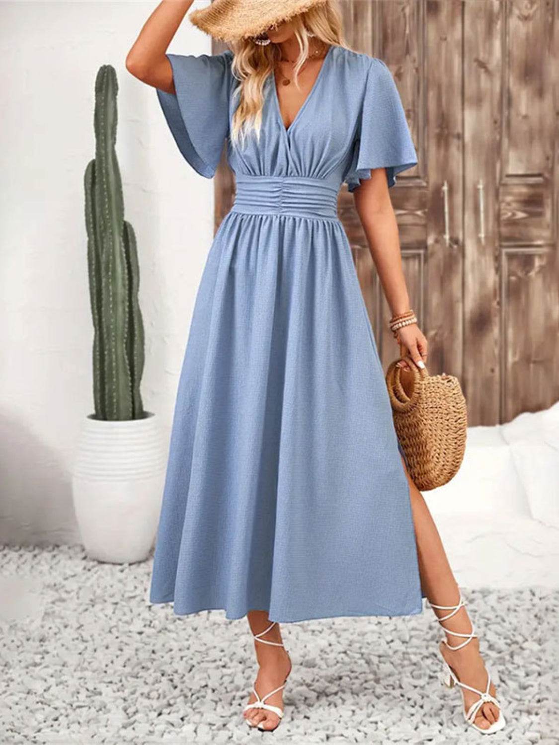 Side Slit Surplice Flutter Sleeve Midi Dress - MARIGOLD