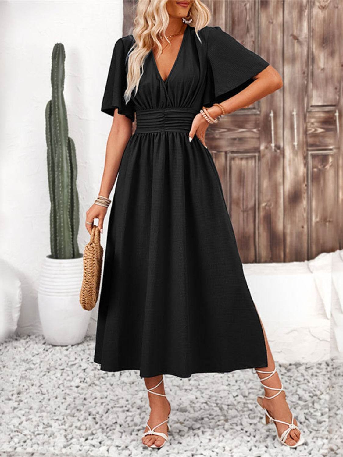 Side Slit Surplice Flutter Sleeve Midi Dress - MARIGOLD