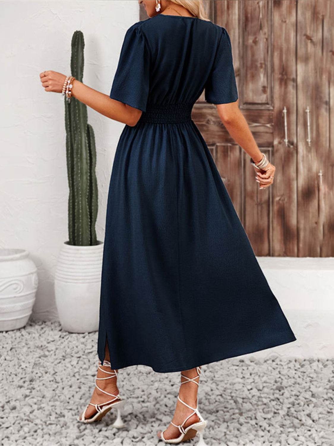 Side Slit Surplice Flutter Sleeve Midi Dress - MARIGOLD