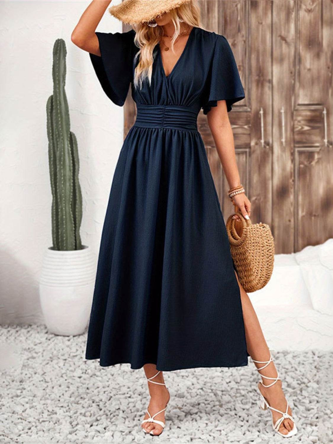 Side Slit Surplice Flutter Sleeve Midi Dress - MARIGOLD