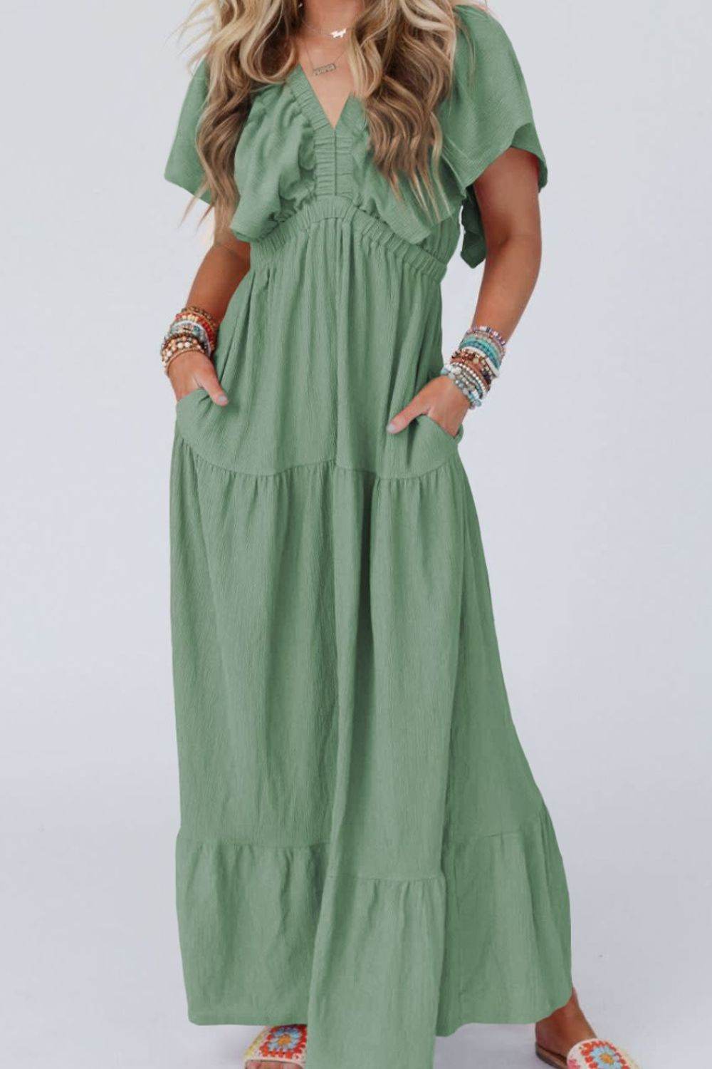 Ruffled V Neck Flutter Sleeve Maxi Dress - MARIGOLD