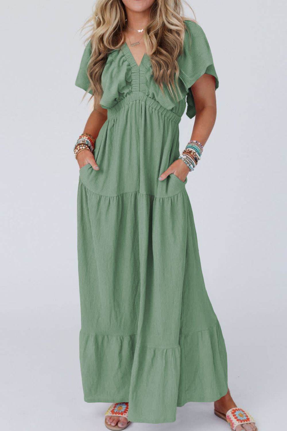 Ruffled V Neck Flutter Sleeve Maxi Dress - MARIGOLD