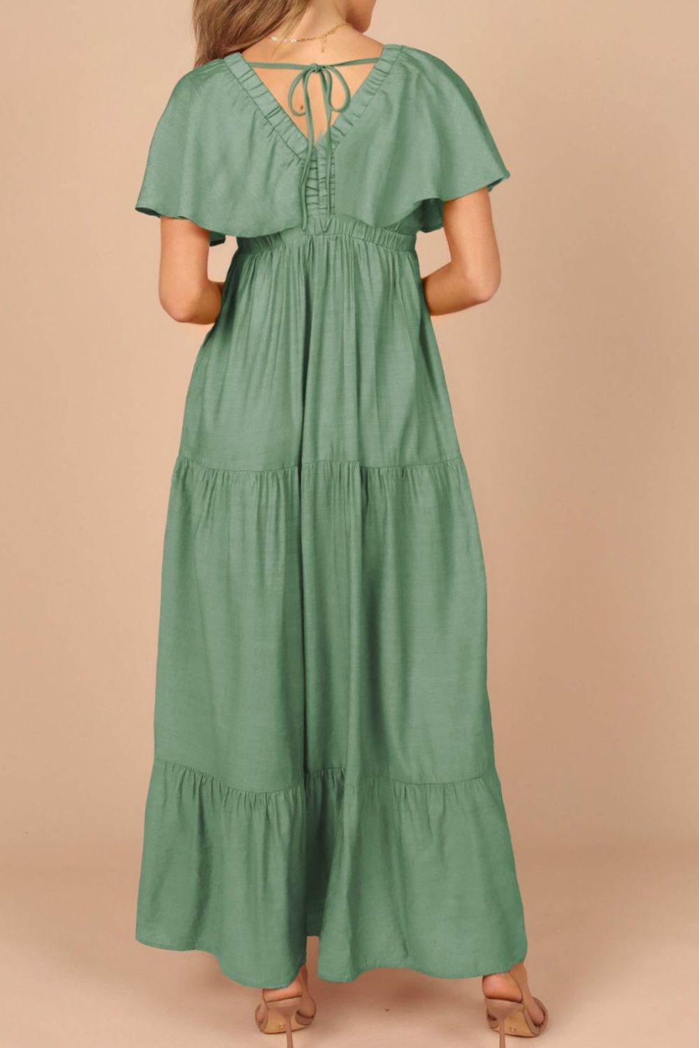Ruffled V Neck Flutter Sleeve Maxi Dress - MARIGOLD