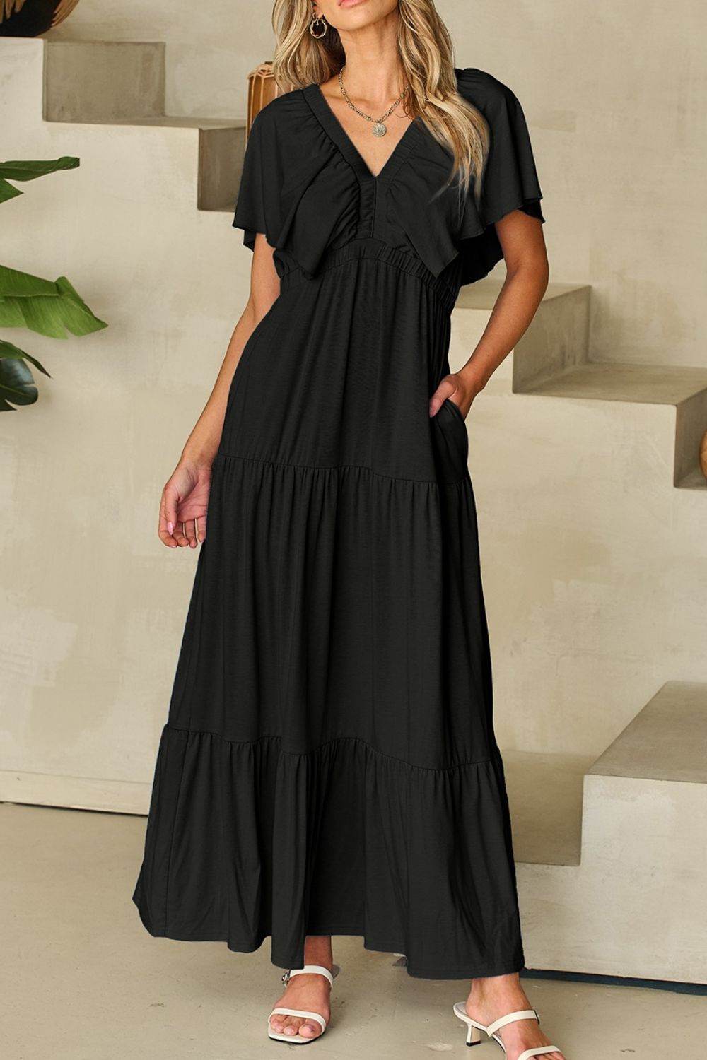 Ruffled V Neck Flutter Sleeve Maxi Dress - MARIGOLD