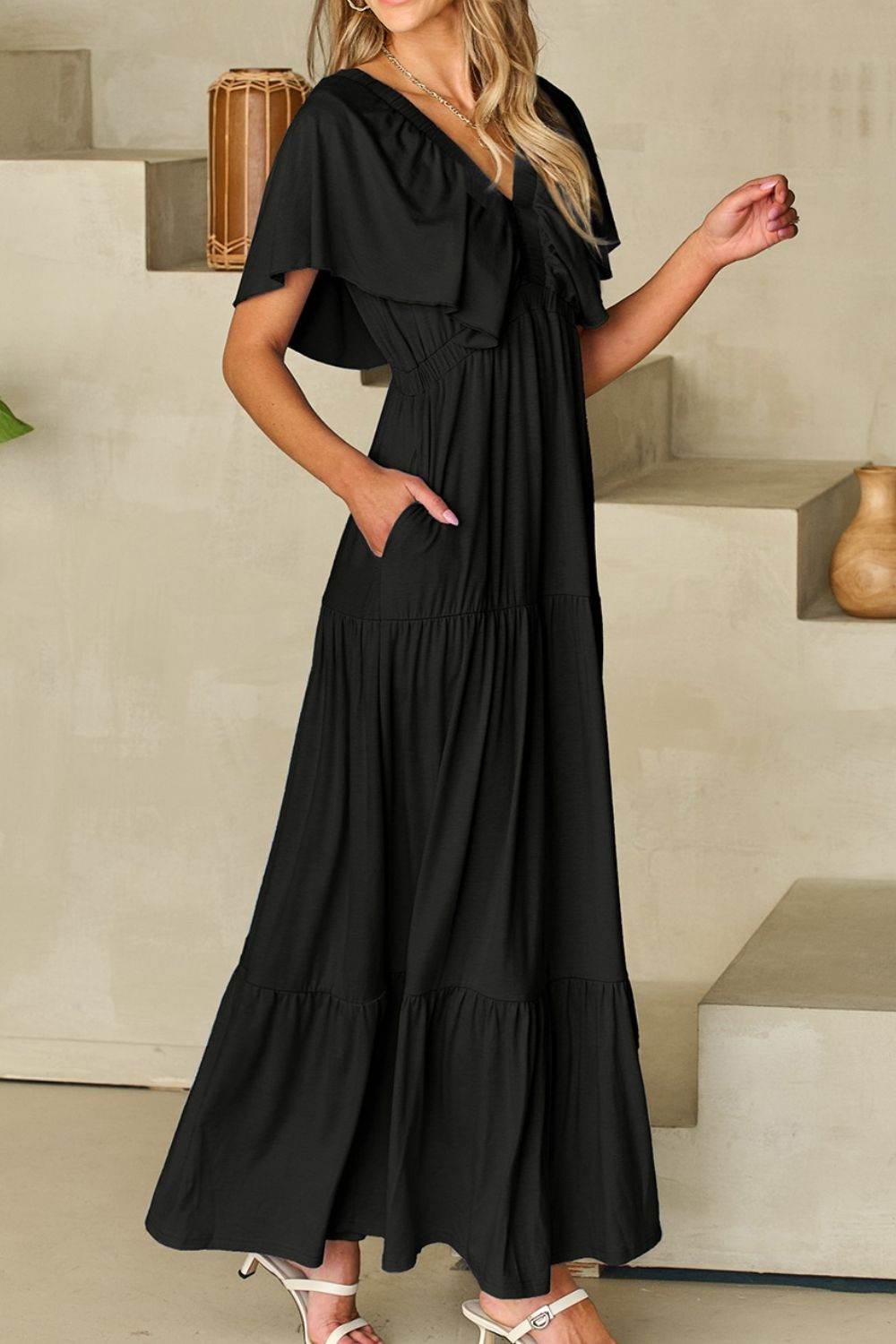 Ruffled V Neck Flutter Sleeve Maxi Dress - MARIGOLD