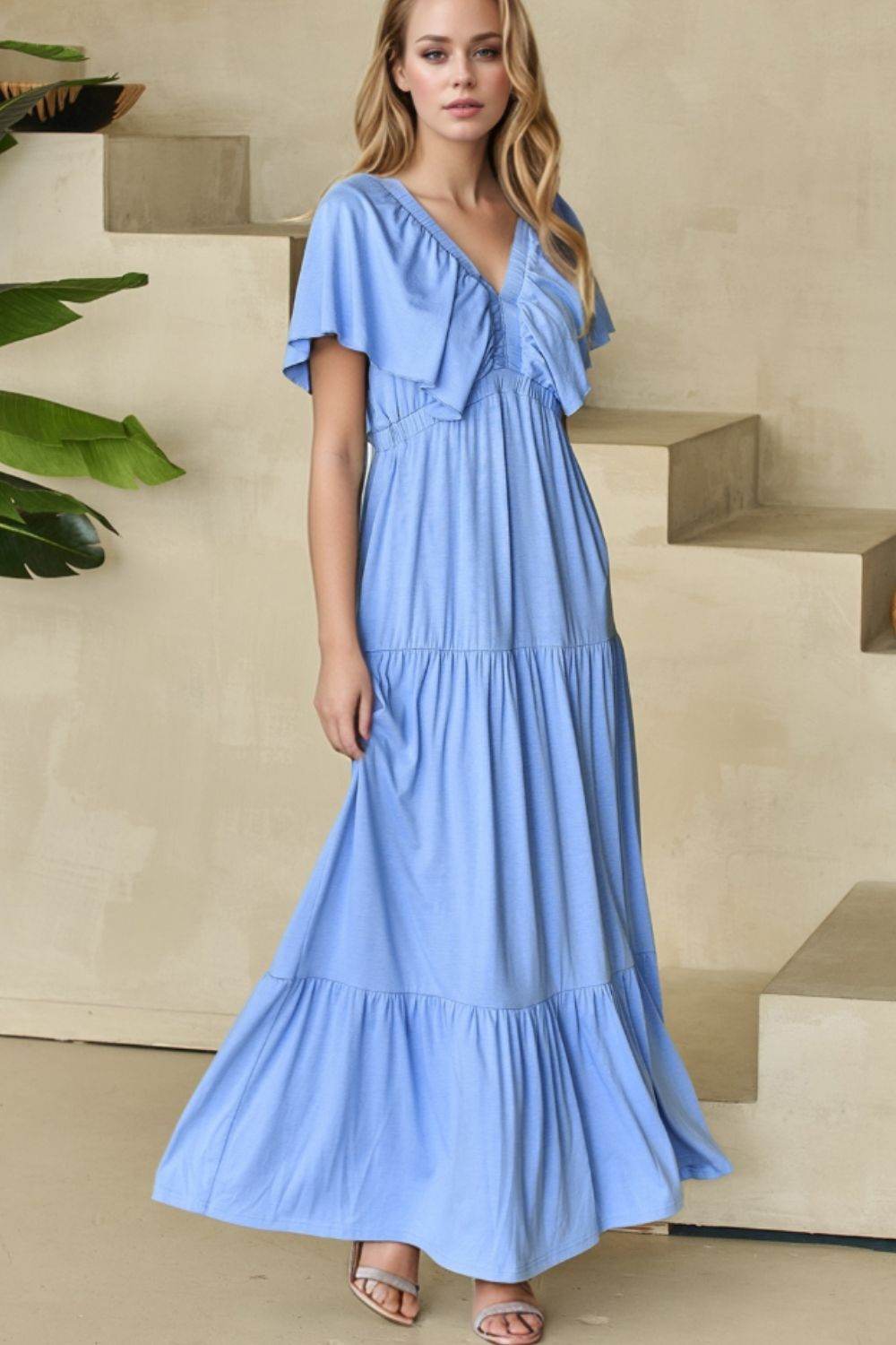 Ruffled V Neck Flutter Sleeve Maxi Dress - MARIGOLD