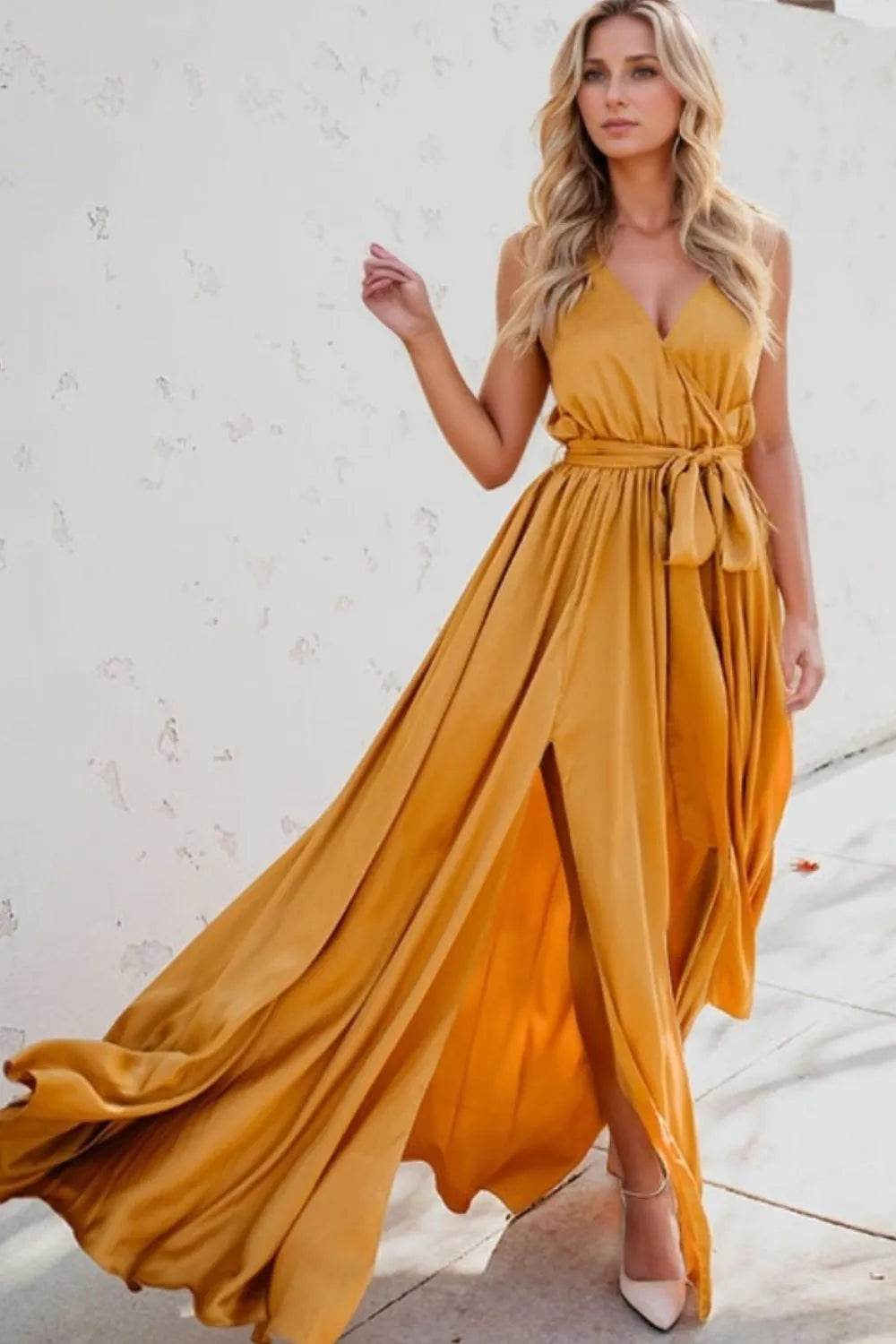 Surplice Tie Waist Maxi Dress - MARIGOLD