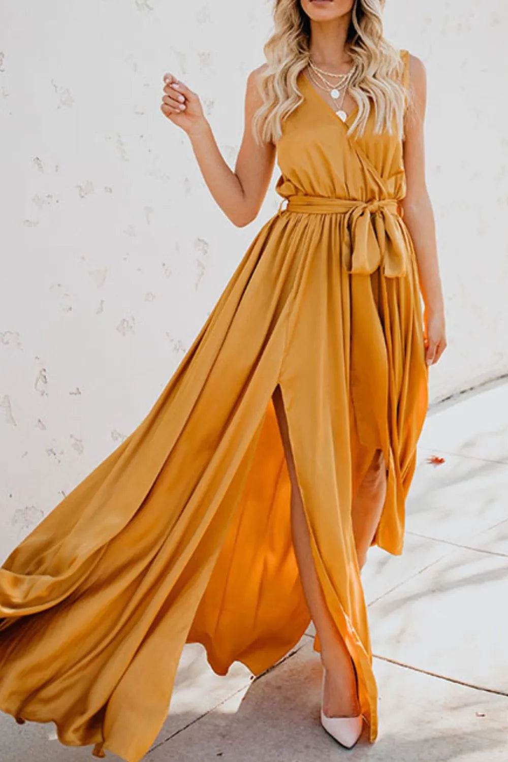 Surplice Tie Waist Maxi Dress - MARIGOLD
