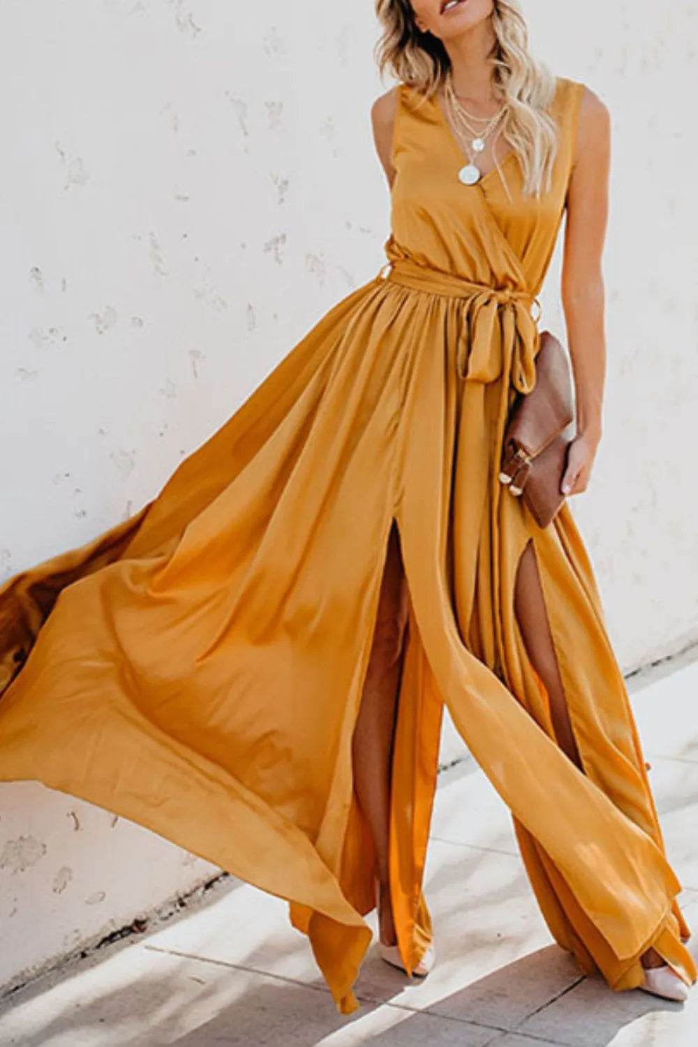 Surplice Tie Waist Maxi Dress - MARIGOLD