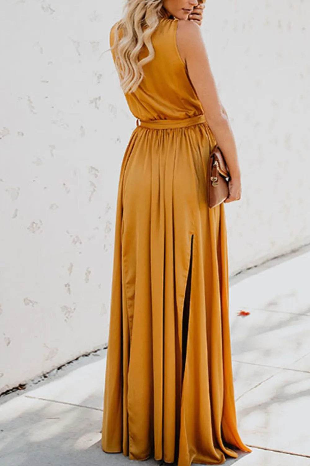 Surplice Tie Waist Maxi Dress - MARIGOLD