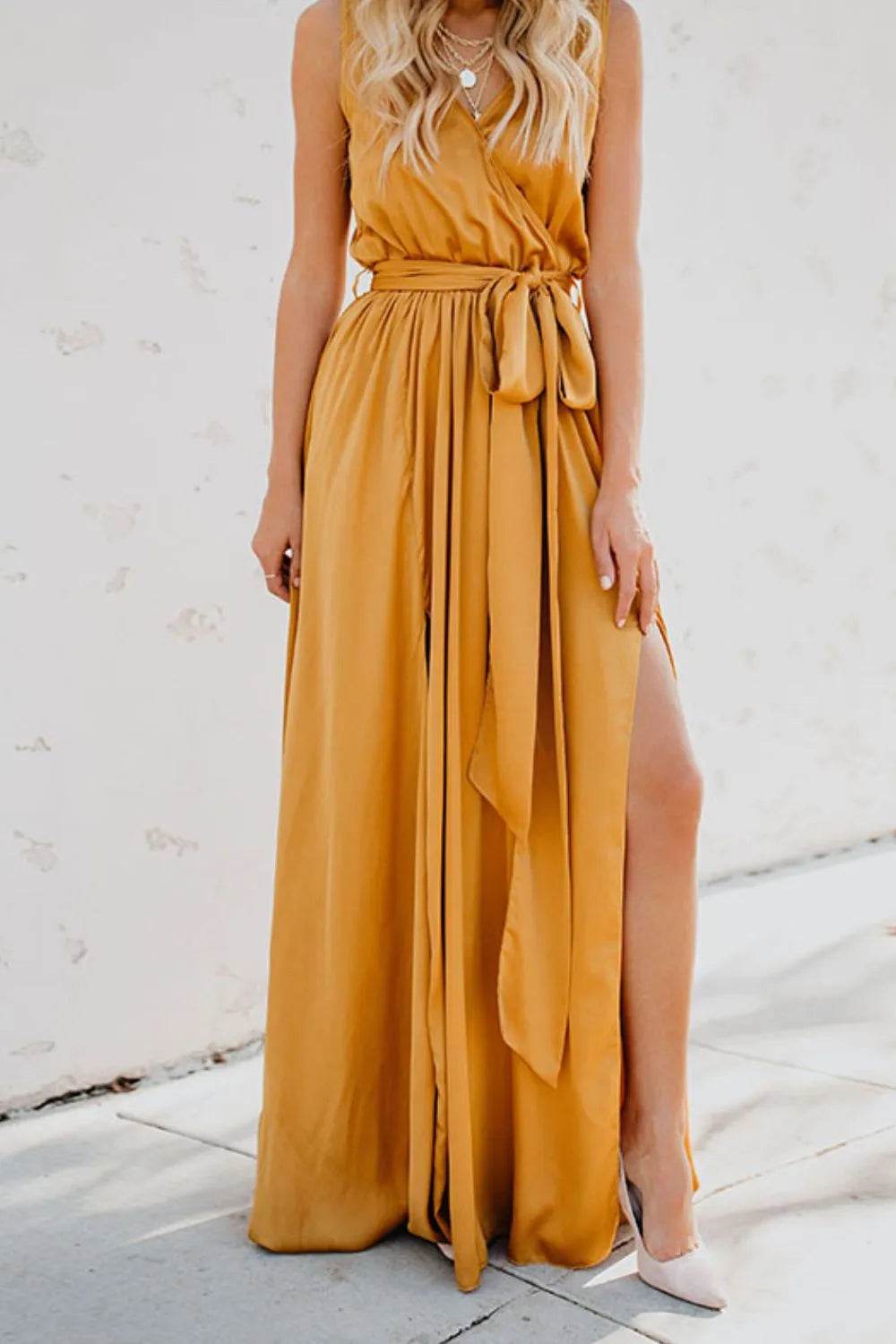 Surplice Tie Waist Maxi Dress - MARIGOLD