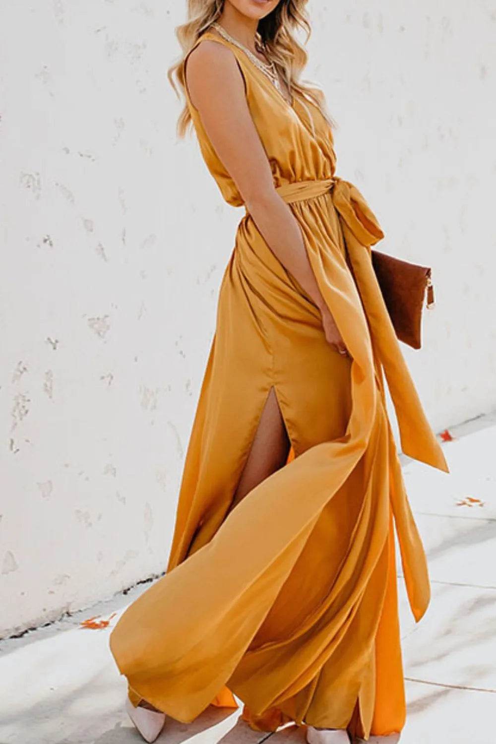 Surplice Tie Waist Maxi Dress - MARIGOLD