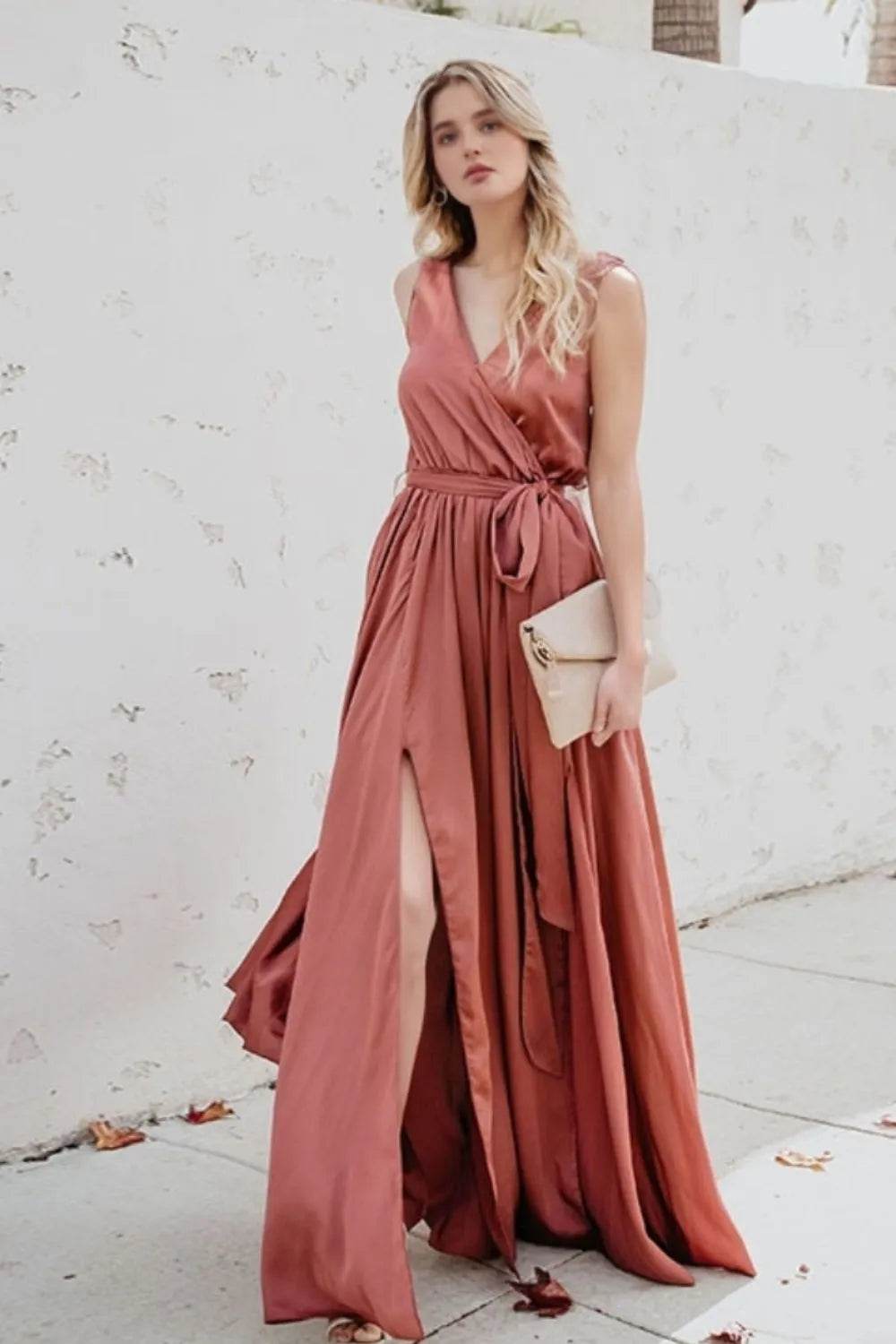 Surplice Tie Waist Maxi Dress - MARIGOLD