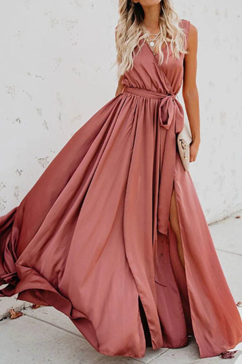 Surplice Tie Waist Maxi Dress - MARIGOLD