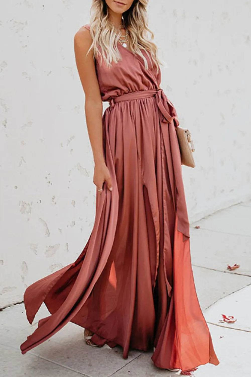Surplice Tie Waist Maxi Dress - MARIGOLD