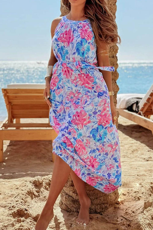 O-Neck Halter Maxi Dress in Floral Print with Waist Tie - MARIGOLD