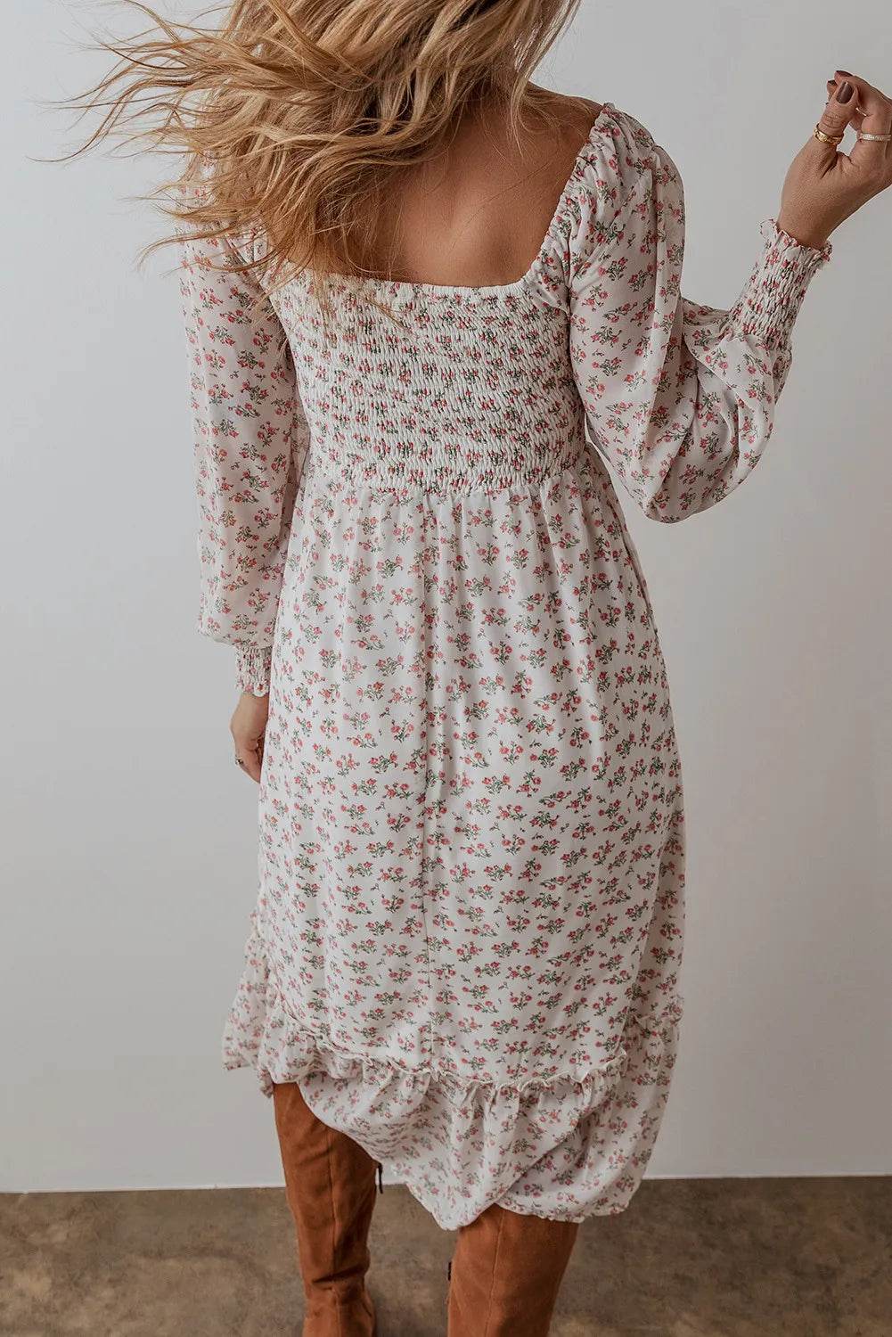 Smocked Floral Square Neck Long Sleeve Midi Dress - MARIGOLD