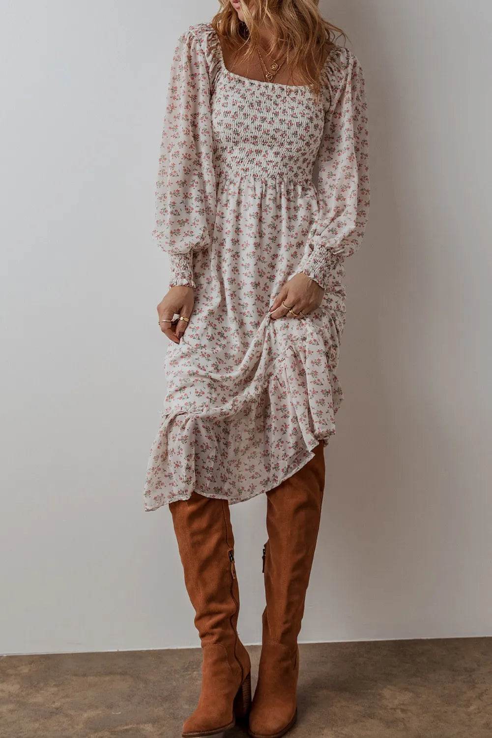 Smocked Floral Square Neck Long Sleeve Midi Dress - MARIGOLD