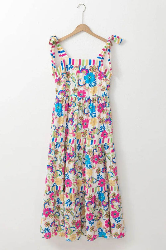 Vibrant Floral Print Tie-Shoulder Maxi Dress - MARIGOLD