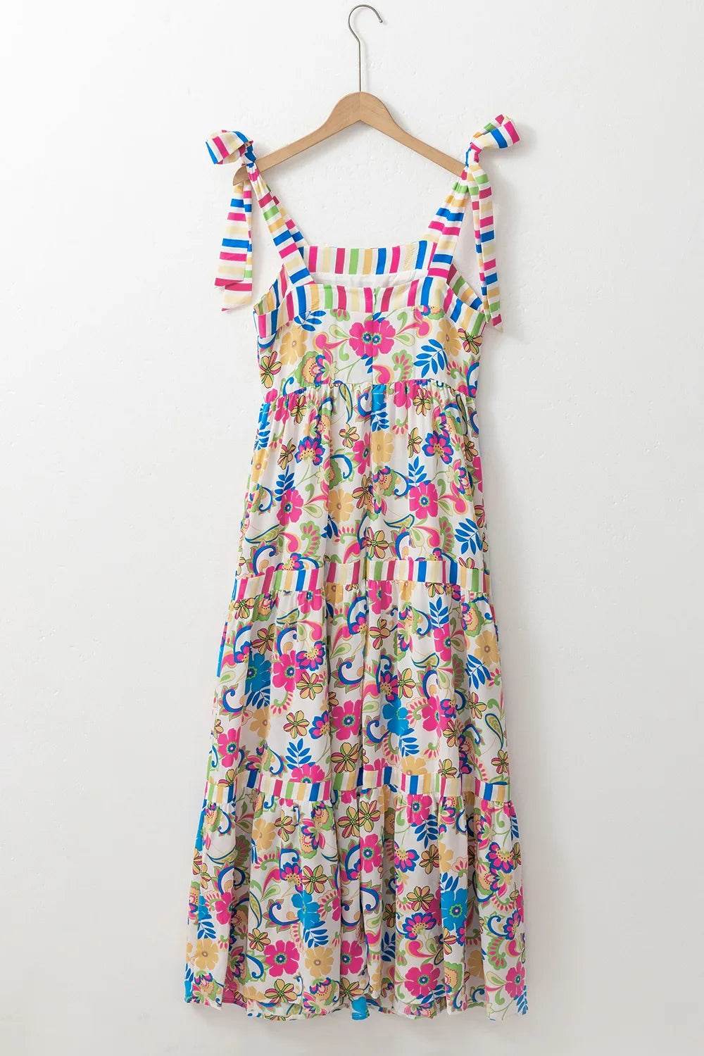 Vibrant Floral Print Tie-Shoulder Maxi Dress - MARIGOLD